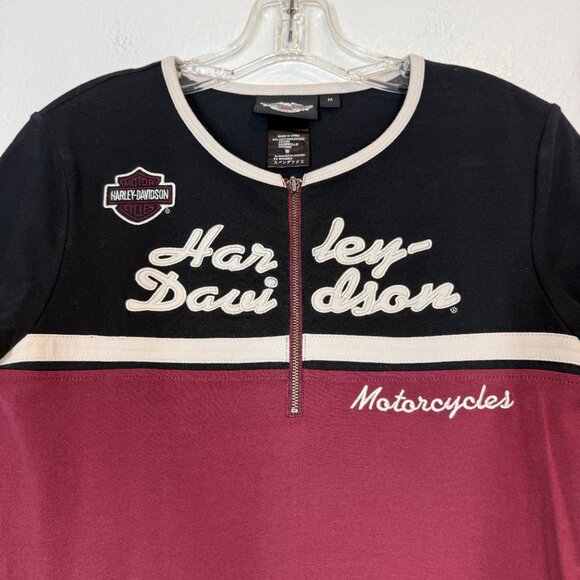 Harley Davidson Quarter Zip Embroidered Patch Hog Tee Black Red Y2K Medium - Picture 3 of 9